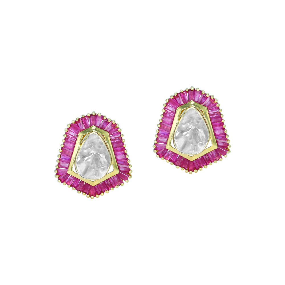 Geometric Polki Stud Earrings with Ruby Baguette Halo